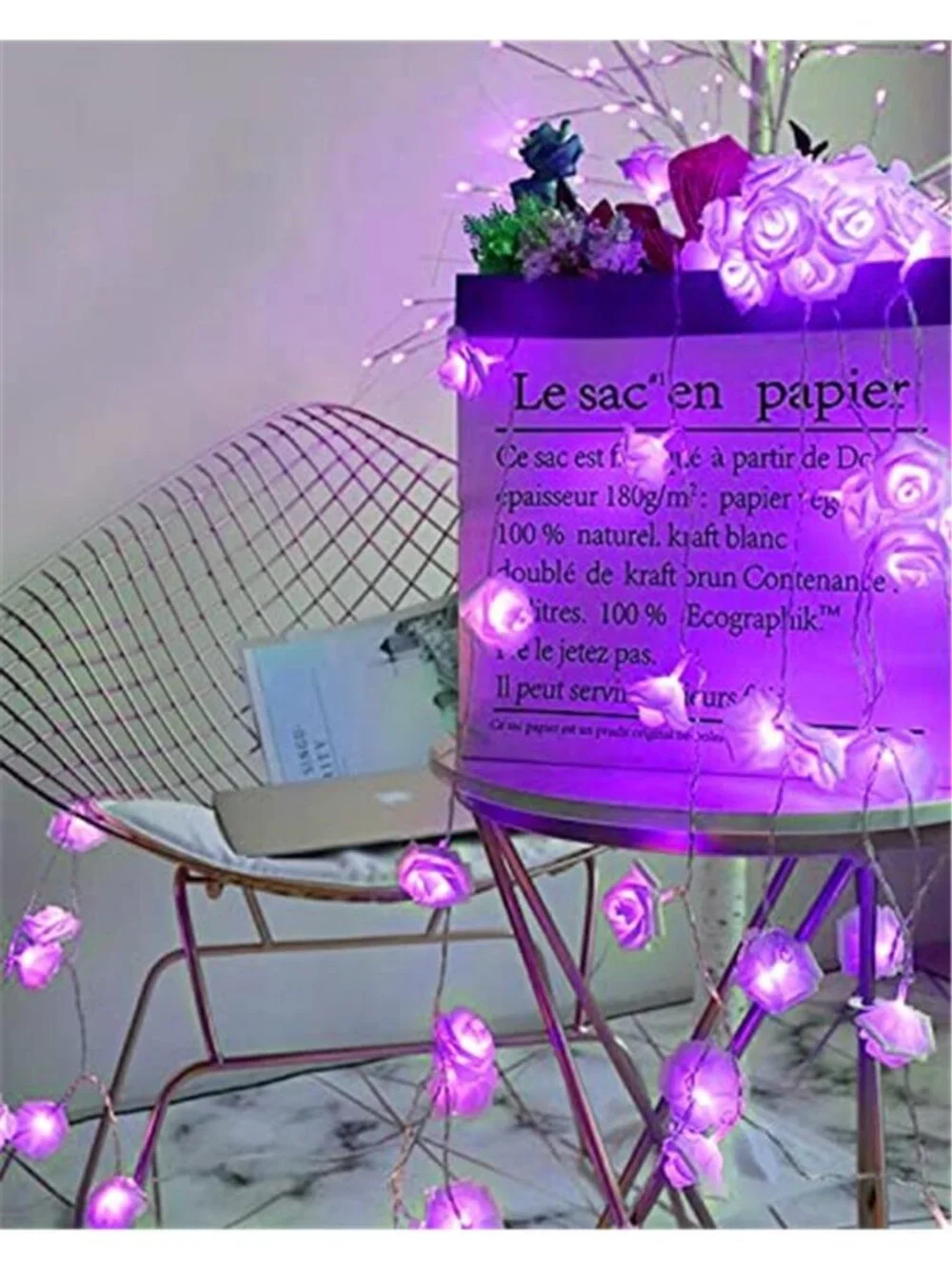 Purple Rose String Lights LED Battery Fairy Lights Valentines Bedroom Decor